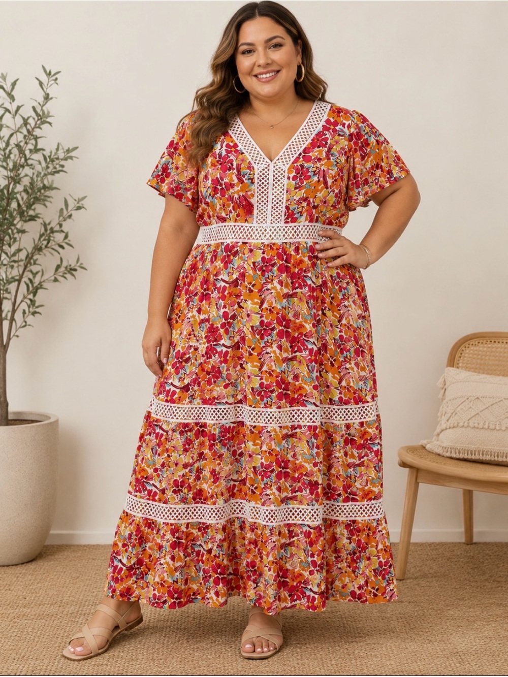 Shein Curve Vibrant Floral Maxi Dress Size 2XL Pink Orange Yellow Cream Crochet